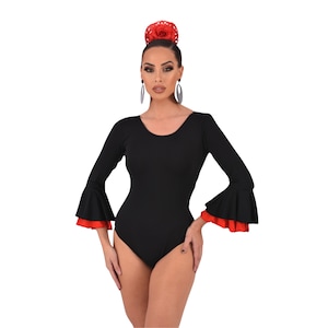 Lycra bodysuit for flamenco or sevillanas dance. Double ruffle on the sleeve. Elastic and quality fabric.