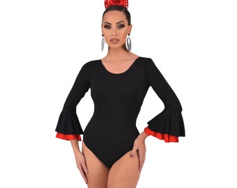 Lycra bodysuit for flamenco or sevillanas dance. Double ruffle on the sleeve. Elastic and quality fabric.