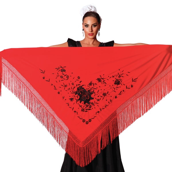 Shawl for flamenco dance. Red body with black embroidery on one side. Measurements 195X95cm