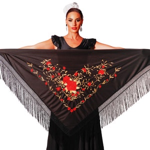 Spanish manila shawl for flamenco dance, triangular red-gold flower embroidery on one side