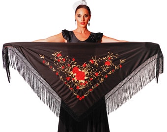 Mantón de manila español  para baile flamenco, triangular bordado de flores rojo-oro a una cara