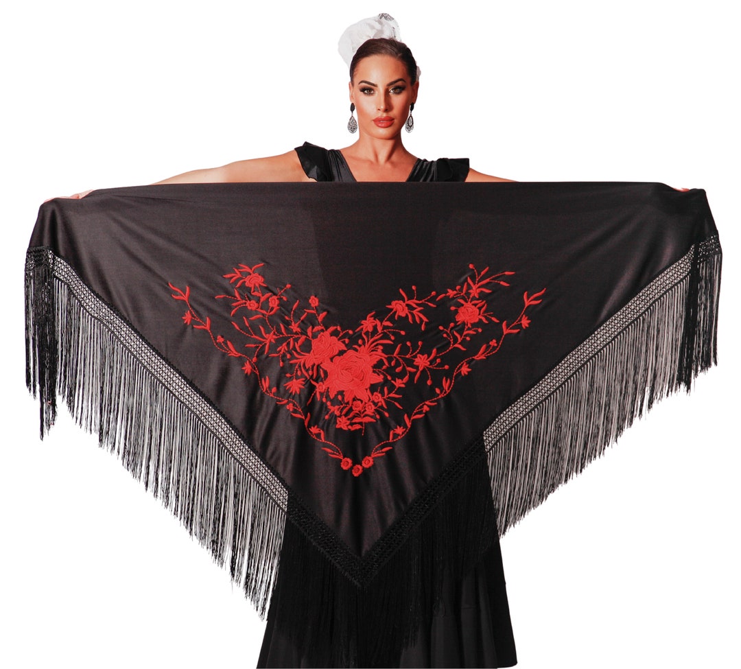 Châle De Manille Brodé Pour Femme - 150x60 Cm, Polyester, Couleurs Vives, Déguisement Chulapa Flamenco - 11