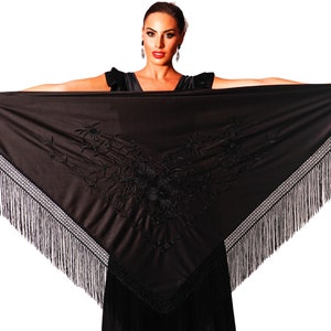 Black flamenco peak shawl with fringes. Black embroidery on one side. LARGE size 190X90cm