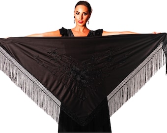 Châle en pointe de flamenco noir avec franges. Broderie noire sur un côté. GRANDE taille 190X90cm