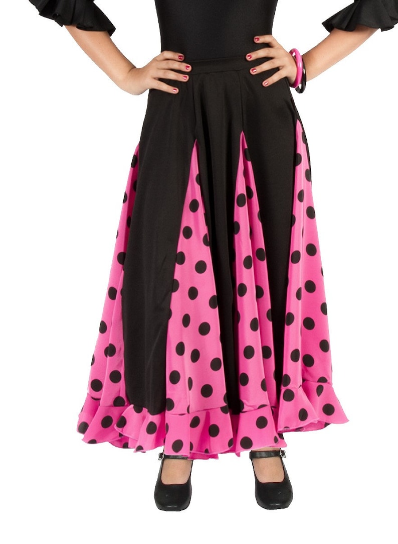 Girl's skirt for flamenco or sevillanas dance, eight nesgas with a ruffle Negro / rosa fucsia