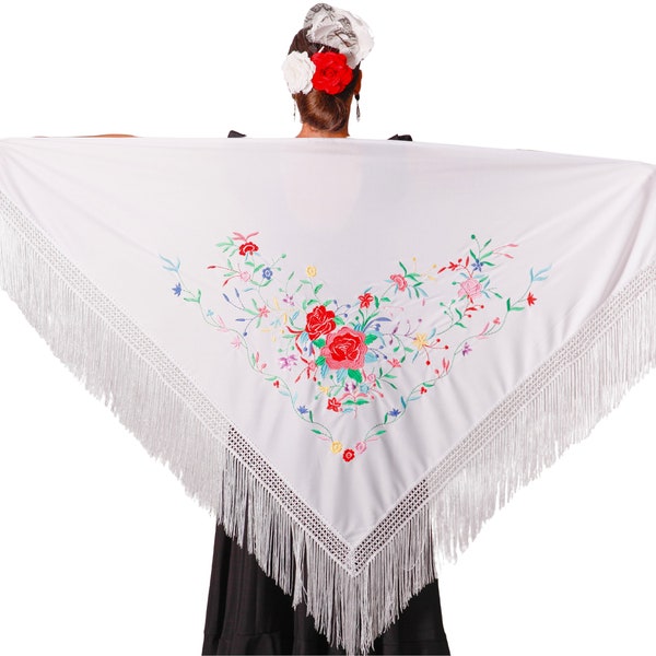 White triangular flamenco shawl with fringes. Multicolor embroidery on one side. Large 190X90cm without counting the fringes that measure 30cm.