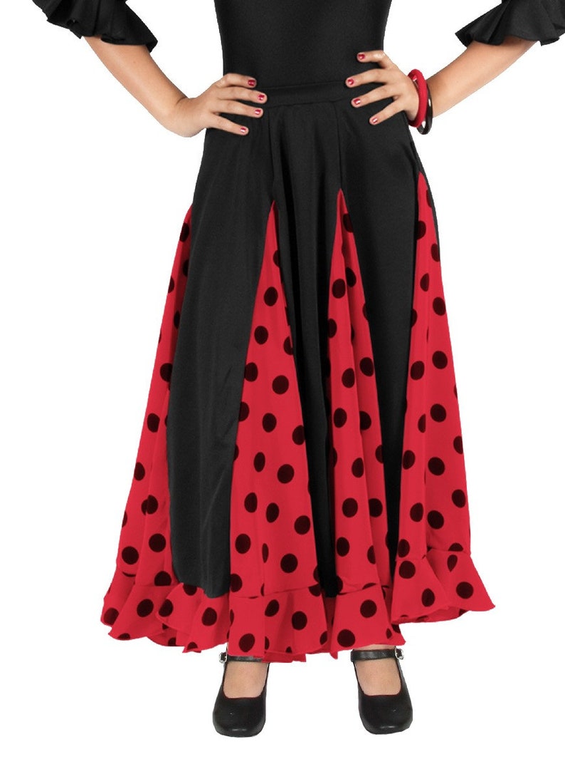 Girl's skirt for flamenco or sevillanas dance, eight nesgas with a ruffle Negro / rojo