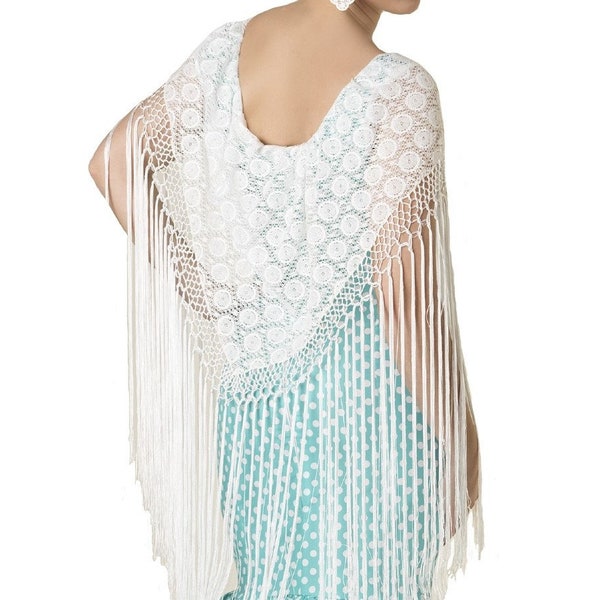 Shawl for flamenco dance. Cotton lace body and 50cm long fringes