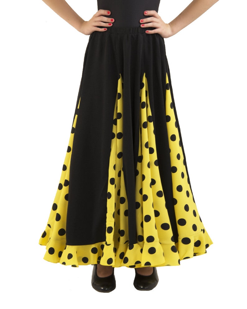 Girl's skirt for flamenco or sevillanas dance, eight nesgas with a ruffle Negro / amarillo