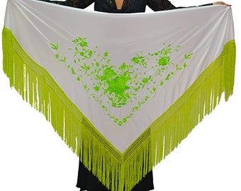 White flamenco or sevillanas dance shawl, with green embroidery and green fringes (190X90cm) for flamenco dance and culture