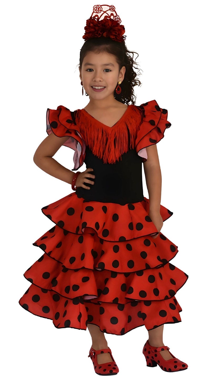 Vestido de niña para baile flamenco o sevillanas Rojo topos negros