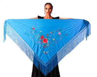 Blue flamenco triangular shawl. Embroidered and multicolored. Large 190X90cm without counting the fringes that measure 30cm