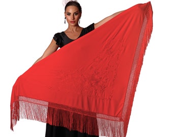 Mantón triangular de flamenco Rojo con flecos. Cuerpo rojo bordado rojo. Grande 190X90