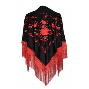 Medium triangular flamenco or sevillanas peak shawl (150X70cm) Black red embroidery