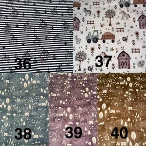 以下が含まれることがあります： 36から40の番号が付けられた5つの生地見本。36は錨の模様が入った黒と白のストライプ。37はトラクター、納屋、動物が描かれた農場の風景。38、39、40は、青、紫、茶色の色調で描かれた森の風景パターンです。