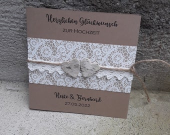 Glückwunschkarte zur Hochzeit Kraft Birkenherzen Spitze quadratisch personalisiert