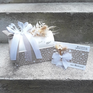 Geschenkbox Geldgeschenk Geschenktruhe Hochzeit Trockenblumen natur Kraft weiße Herzchen personalisiert + passende Glückwunschkarte