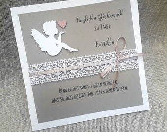 Glückwunschkarte zur Taufe Kommunion Konfirmation Firmung Engel taupe weiß quadratisch 15x15 cm personalisiert