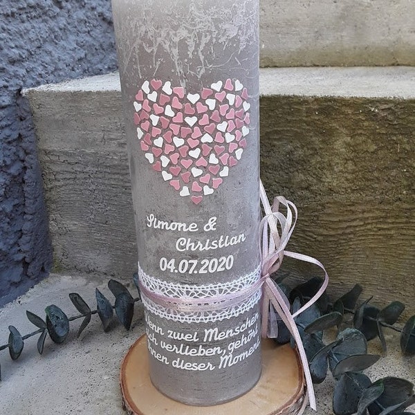Hochzeitskerze Herz Herzchen rosa altrosa taupe rustikal vintage Spruch 25x8 cm Teelichteinsatz