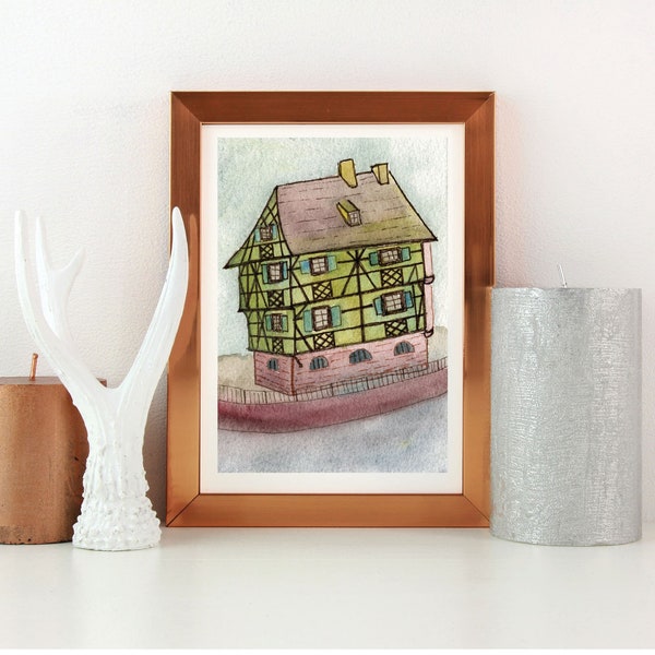 Whimsical Watercolor Print | Half-timbered House | Strasbourg | France