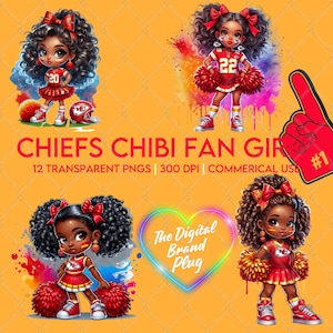 Chiefs Fan Girl, Chibi clipart, digitale download, sublimatie, chibi girl, chiefs girl png, voetbalfan girl, melanine fan girls, Kansas City