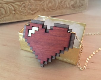 8 Bit Wooden Pixel Heart Necklace