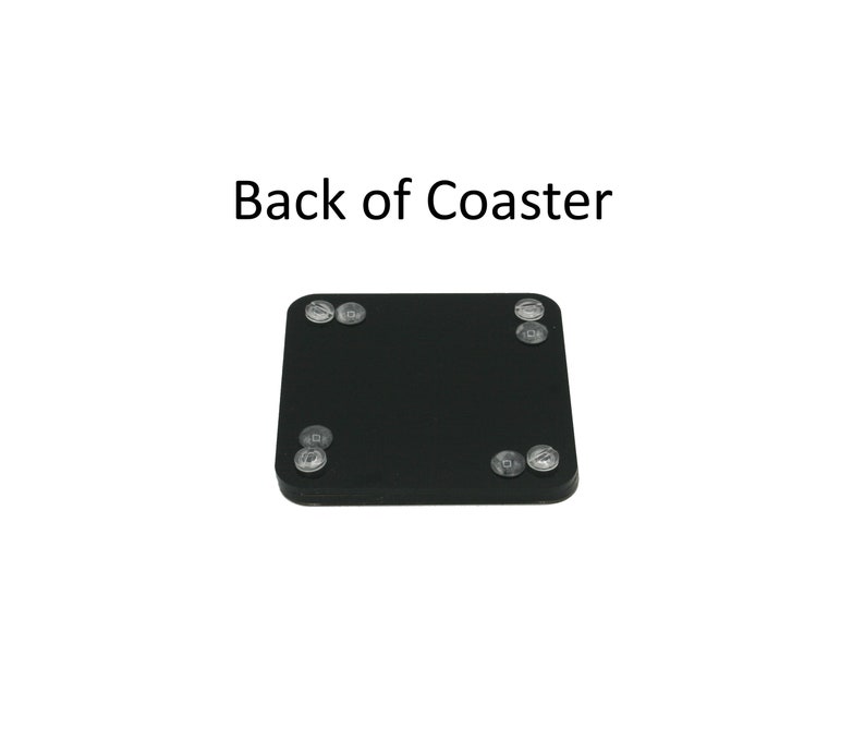 Puede incluir: Un posavasos cuadrado negro con cuatro topes circulares transparentes en las esquinas. El texto "Back of Coaster" est&aacute; impreso en negro encima del posavasos. El posavasos est&aacute; sobre un fondo blanco.