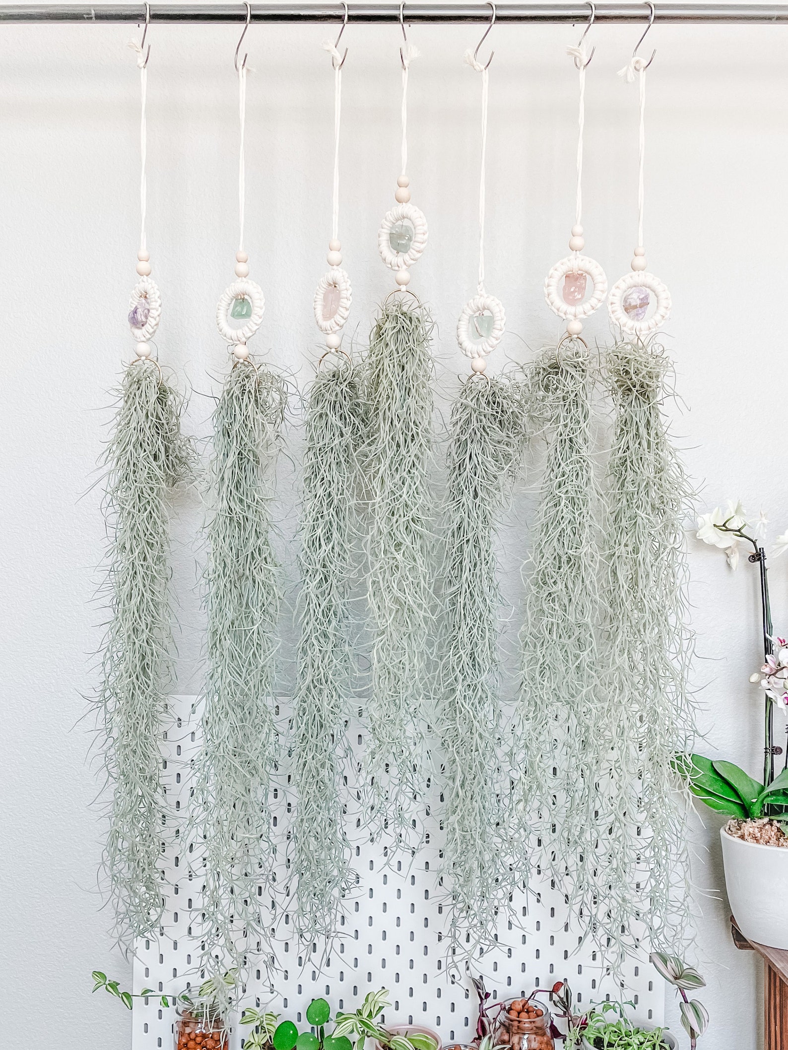 Spanish moss plant holder raw crystal macrame plant hanger Etsy