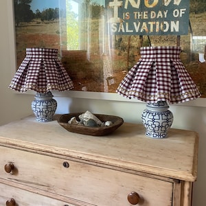 Box Pleat Gingham Fabric Lampshade Cover with Custom Embroidery