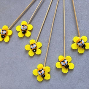 6 or 24 cute decorative bees on a wooden stick for crafting and decorating 3.2 x 3.2 cm 20 cm image 1