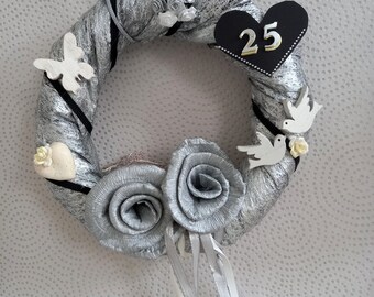 Door wreath for the silver wedding in silver white black 25 cm x 80 cm