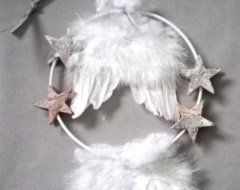 Metal ring white with feather wings 18 cm x 54 cm window decoration