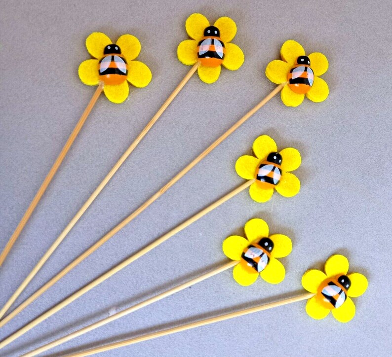 6 or 24 cute decorative bees on a wooden stick for crafting and decorating 3.2 x 3.2 cm 20 cm image 3
