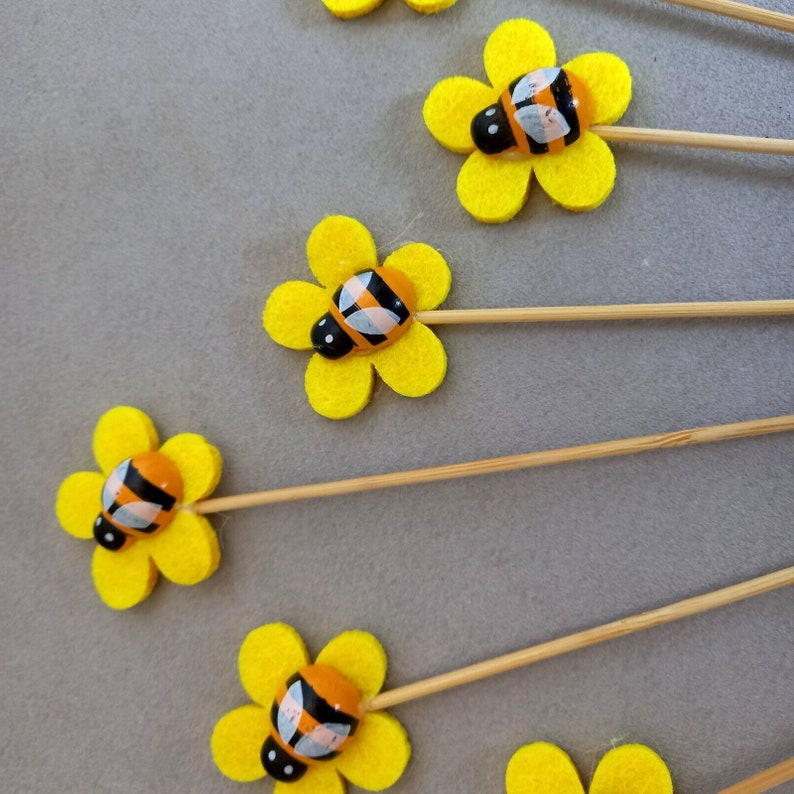 6 or 24 cute decorative bees on a wooden stick for crafting and decorating 3.2 x 3.2 cm 20 cm image 2