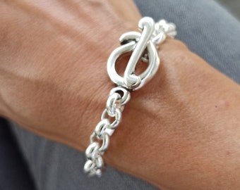Silver chunky bracelet, Silver rolo chain toggle bracelet