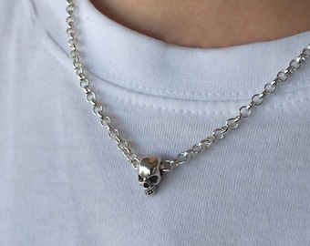 Mens Skull necklace, Silver skull necklace, statement necklace, mens long necklace, rolo chain