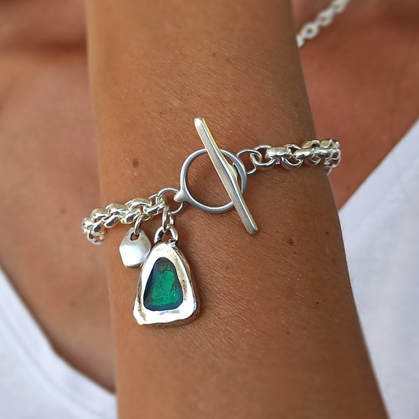 Silver chunky bracelet, Silver rolo chain toggle bracelet, Enamel triangle