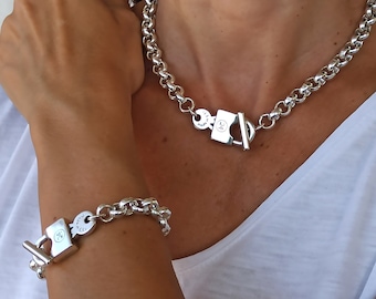 Silver Chunky Necklace and Bracelet set, Padlock set, Chunky rolo bracelet and necklace set