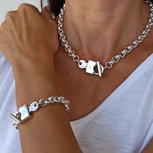 Ensemble gros collier et bracelet en argent, ensemble cadenas, gros bracelet rolo et ensemble collier