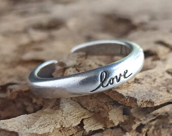 Sterling Silver Love Ring | Romantic Script Band, Adjustable - Etsy