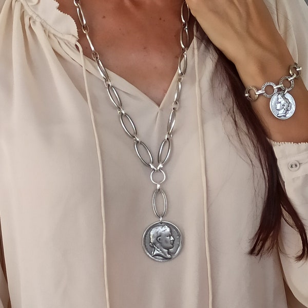 Silver chunky necklace, Chunky Coin Necklace, Antique coin necklace, Antique silver chain