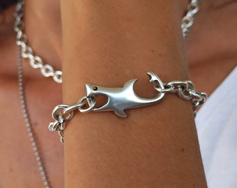 Bracelet trapu en argent, bracelet en argent requin, requin en argent