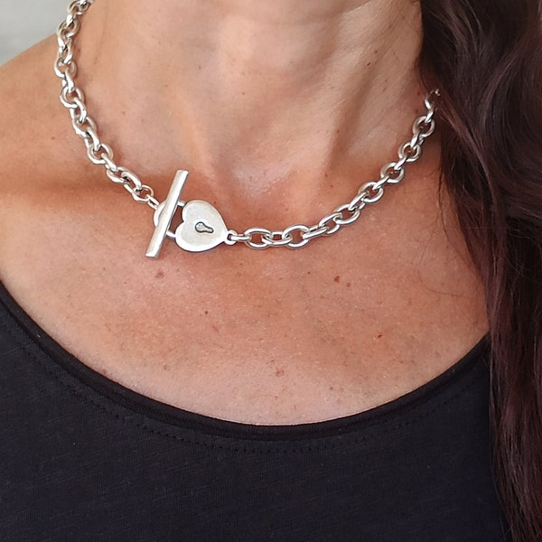 Collier Chunky en argent, collier à bascule coeur, tour de cou à bascule en argent