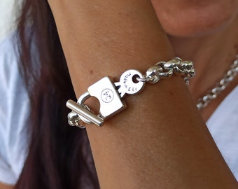 Bracelet Chunky argenté, Bracelet Chunky Key et Lock, Bracelet Cadenas, Cadenas Toggle