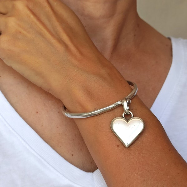 Brazalete de corazón de plata, pulsera de corazón, brazalete de corazón, pulsera colgante de corazón