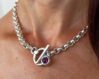 Chunky Silver Rolo Chain Necklace: Swarovski Crystal Toggle