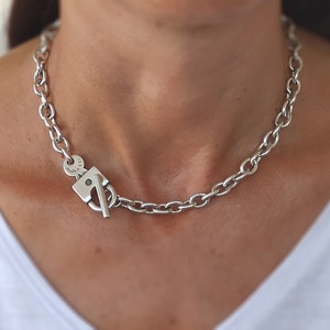 Silver chunky necklace, Key and lock necklace, Padlock necklace