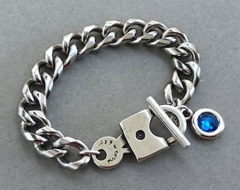 Chunky Cuban Chain Bracelet, Swarovski Charm, Padlock Toggle