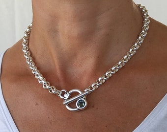 Gros collier en argent, grosse chaîne Rolo en argent Swarovski, collier à bascule Swarovski