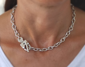 Silver chunky necklace, Key and lock necklace, Padlock necklace